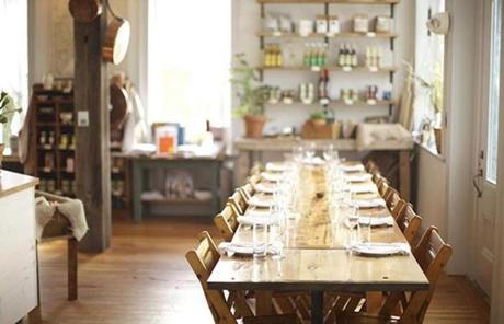 A table is set for a communal dinner at Salt Water Farm in Rockport, Maine.
